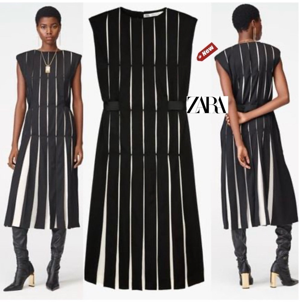 ZARA BLACK WHITE WOOL BLEND BOX PLEAT DRESS SPECIAL LIMITED EDITION Sz M NWT